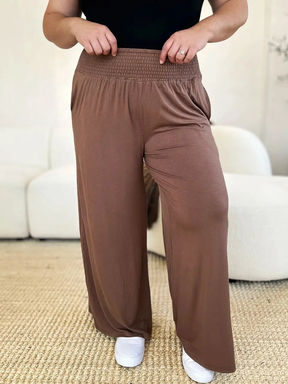 Basic Bae Full Size Smocked Wide Waistband Wide Leg Pants - Love Salve